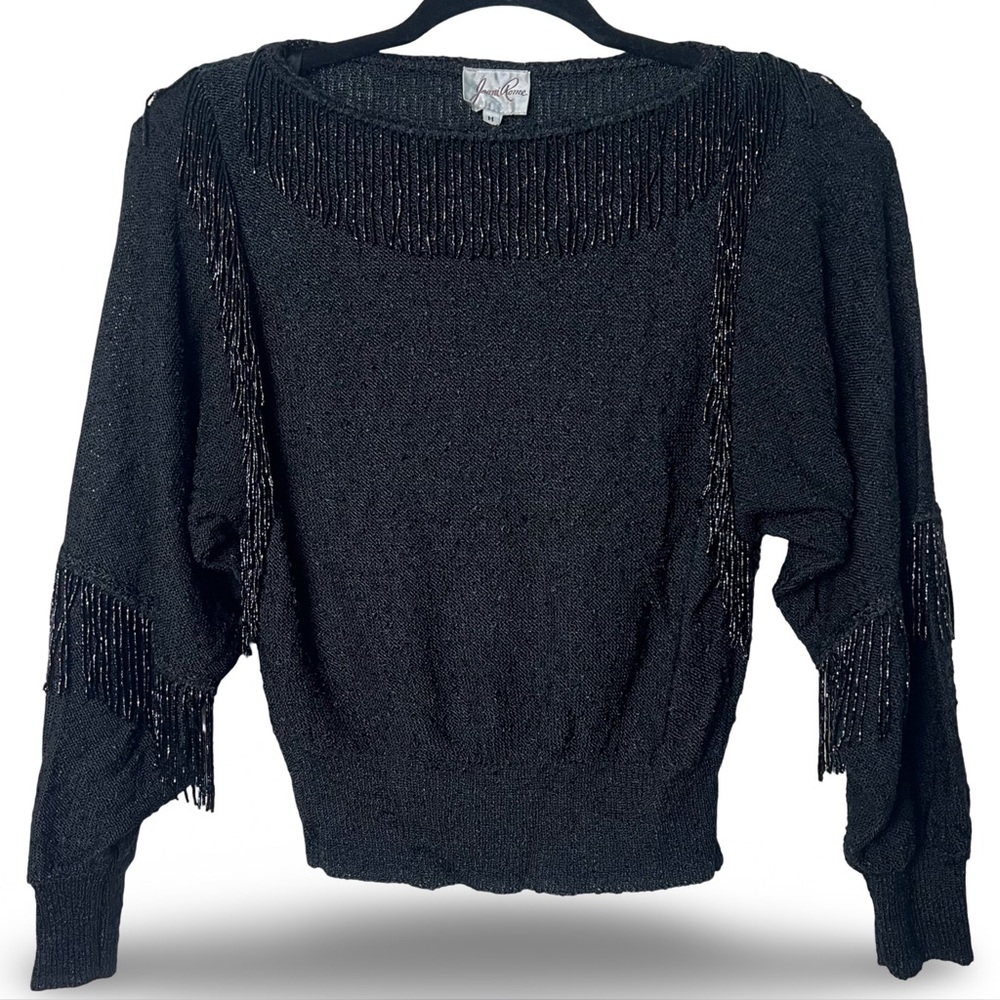 Joani Rome Women’s Vintage Black Beaded Fringe Slub Knit‎ Sweater 80s – Sz. M